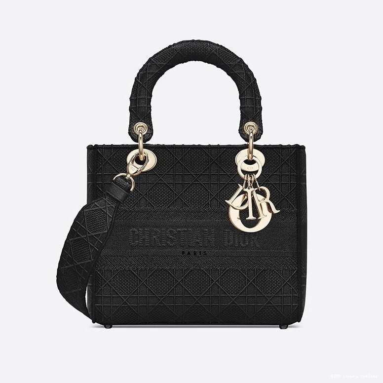 Cheap Canvas Cannage Medium Bag D-lite Lady Black Motif 0712 Luxury